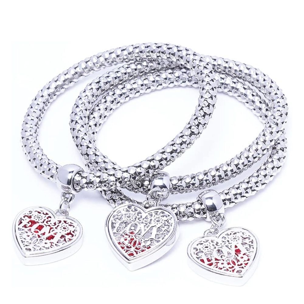 NWT Crystal Charms 3-Piece Multilayer Silver Bracelet Set with Heart Charms